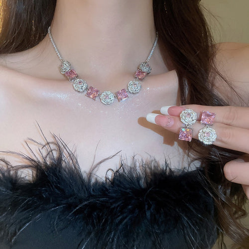 Light Luxury Copper Zircon Flower Square Bracelet Necklace Earring Jewelry Set