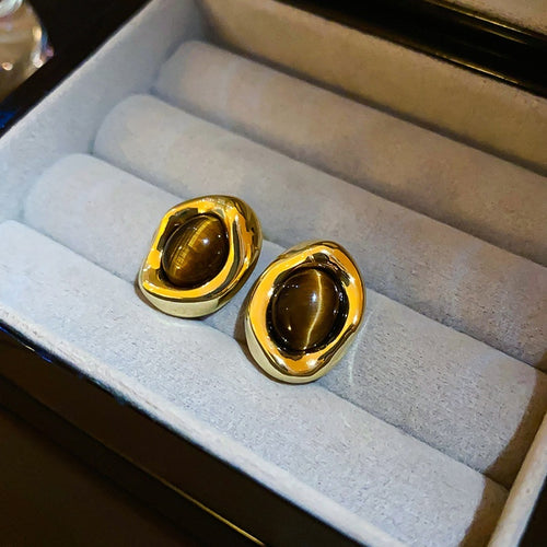 Real Gold Plated Copper Tiger Eye Round Stud Earrings With Silver Pins Vintage Geometric Jewelry