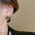 Real Gold Plated Copper Tiger Eye Round Stud Earrings With Silver Pins Vintage Geometric Jewelry view 3