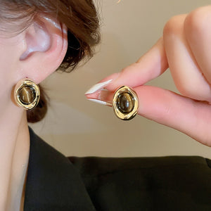 Real Gold Plated Copper Tiger Eye Round Stud Earrings With Silver Pins Vintage Geometric Jewelry