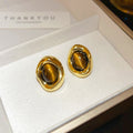 Real Gold Plated Copper Tiger Eye Round Stud Earrings With Silver Pins Vintage Geometric Jewelry view 4