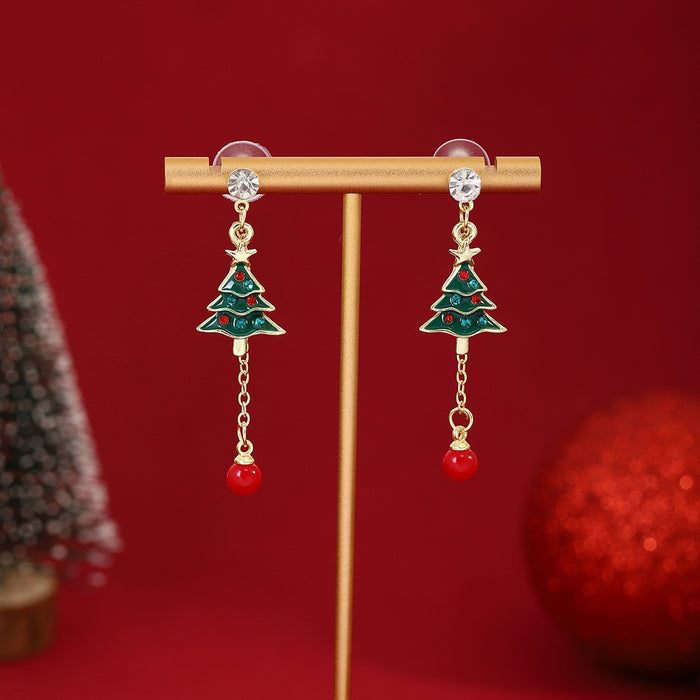 Luxury Christmas Tree Enamel Rhinestone Red Bead Tassel Dangle Earrings