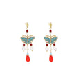 Vintage Chinese Style Alloy Enamel Butterfly Wing Faux Pearl Beaded Long Tassel Clip On Hanfu Qipao Earrings view 5