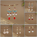 Vintage Chinese Style Alloy Enamel Butterfly Wing Faux Pearl Beaded Long Tassel Clip On Hanfu Qipao Earrings view 1