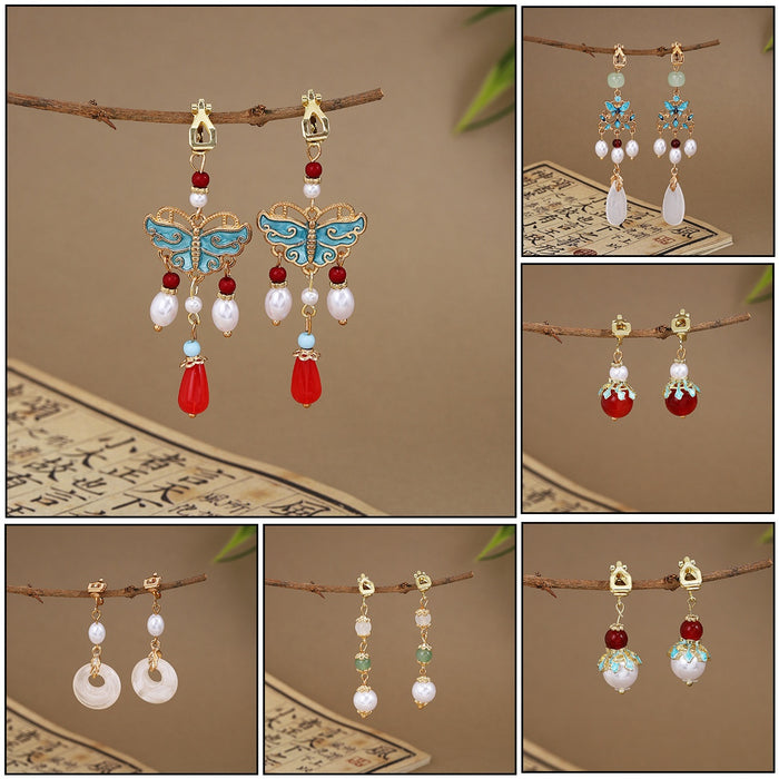 Vintage Chinese Style Alloy Enamel Butterfly Wing Faux Pearl Beaded Long Tassel Clip On Hanfu Qipao Earrings