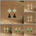 New Chinese Emerald Green Fan Bamboo Leaf Long Tassel Earrings, Silver Needle Qipao Ear Hooks view 2