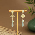 New Chinese Emerald Green Fan Bamboo Leaf Long Tassel Earrings, Silver Needle Qipao Ear Hooks view 4