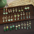 New Chinese Emerald Green Fan Bamboo Leaf Long Tassel Earrings, Silver Needle Qipao Ear Hooks view 1