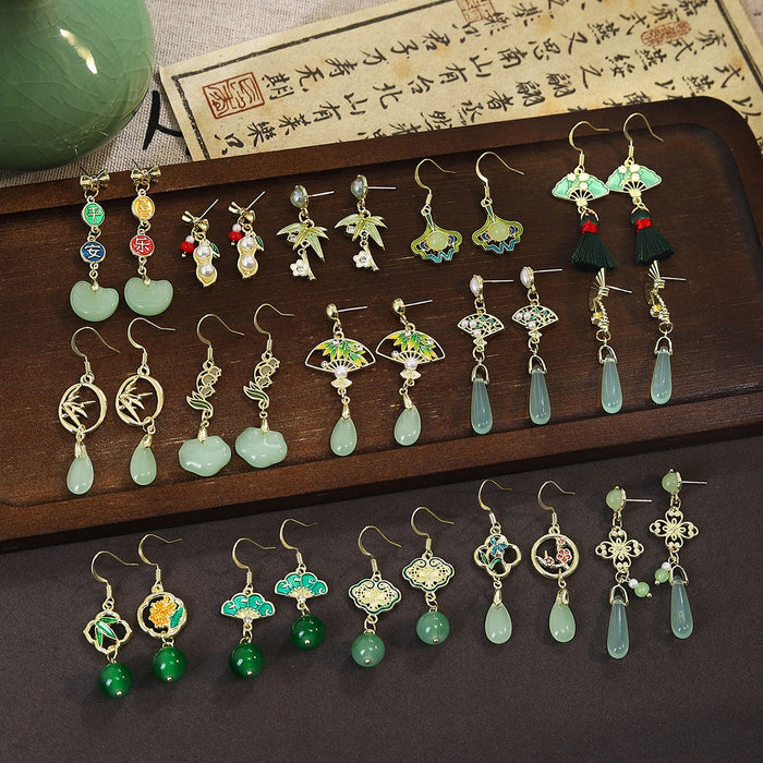 New Chinese Emerald Green Fan Bamboo Leaf Long Tassel Earrings, Silver Needle Qipao Ear Hooks