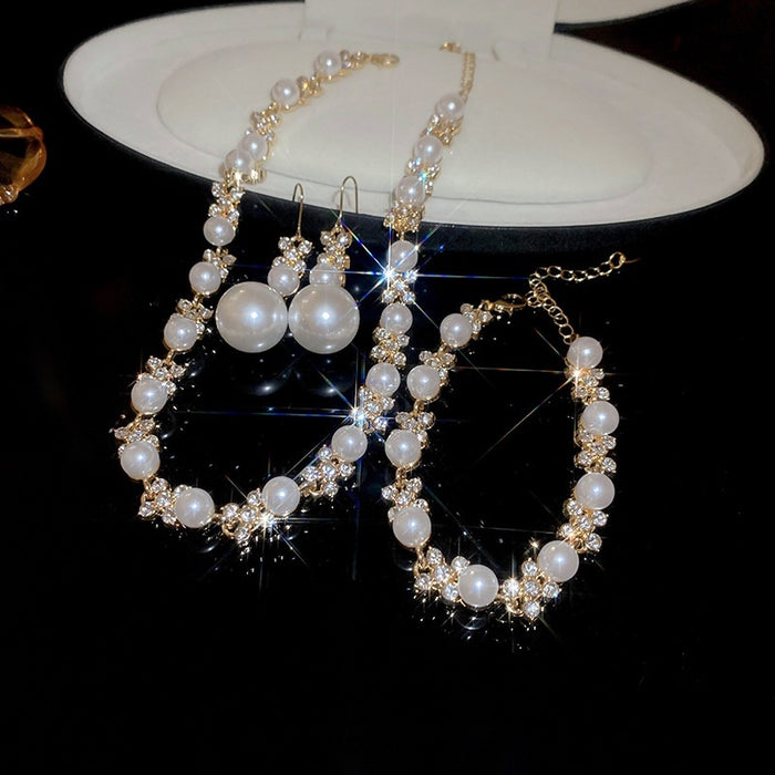 Elegant Rhinestone Flower Faux Pearl Earrings Bracelet Necklace Jewelry Set