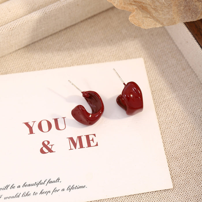 Elegant Red Enamel C-Shaped Curved Mini Stud Earrings For Women Sweet Minimalist Silver Needle Earrings