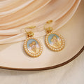 Vintage French Oil Painting Tulip Oval Enamel Faux Pearl Alloy Hook Clip Stud Elegant Women Earrings view 2