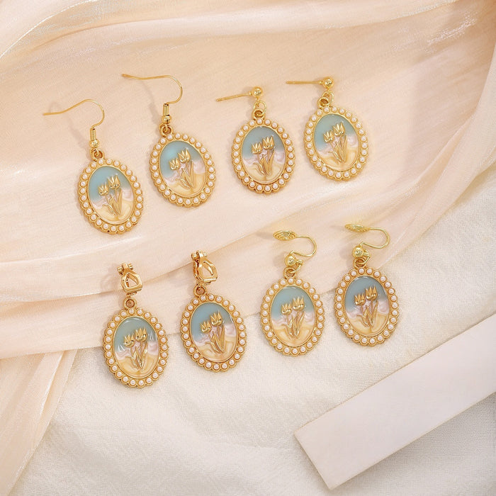Vintage French Oil Painting Tulip Oval Enamel Faux Pearl Alloy Hook Clip Stud Elegant Women Earrings