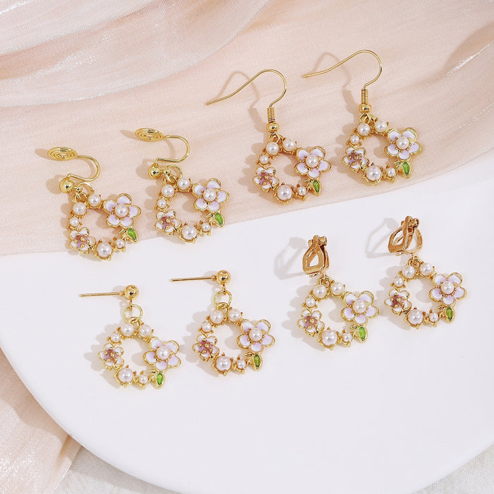 Elegant French Enamel Floral Wreath Pearl Gold Alloy Hook Stud Clip Sweet Princess Drop Earrings