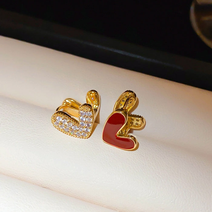 Real Gold Plated Copper Double Sided Heart Zircon Enamel Huggie Earrings For Women