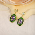 Vintage French Green Purple Enamel Flower Pearl Alloy Stud Drop Elegant Artistic Women Earrings view 1