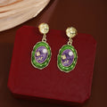 Vintage French Green Purple Enamel Flower Pearl Alloy Stud Drop Elegant Artistic Women Earrings view 2