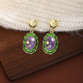 Vintage French Green Purple Enamel Flower Pearl Alloy Stud Drop Elegant Artistic Women Earrings view 3