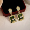 Vintage French Monet Garden Square Green Enamel Pearl Alloy Drop Stud Earrings view 2