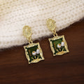 Vintage French Monet Garden Square Green Enamel Pearl Alloy Drop Stud Earrings view 1