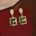 Vintage French Monet Garden Square Green Enamel Pearl Alloy Drop Stud Earrings view 4