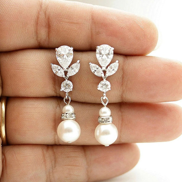 Teardrop Geometric Drop Earrings For Women, Faux Pearl Zircon Elegant Fashion Jewelry