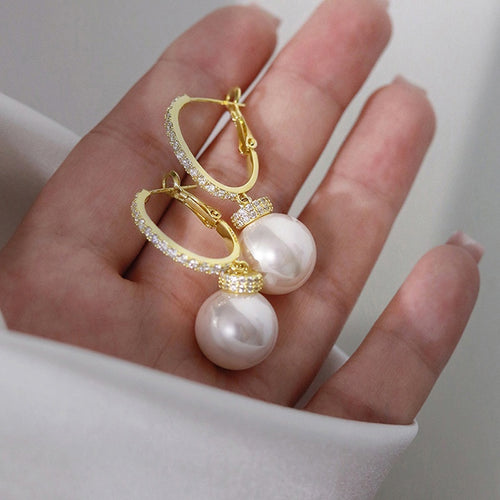 French Style Faux Pearl Zircon Inlaid Drop Earrings For Women, Trendy Elegant Dangle Jewelry