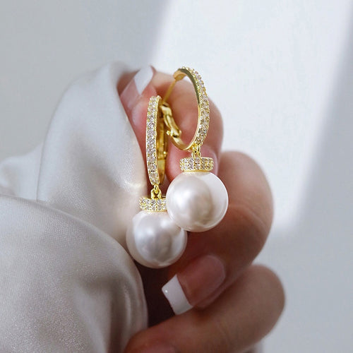 French Style Faux Pearl Zircon Inlaid Drop Earrings For Women, Trendy Elegant Dangle Jewelry