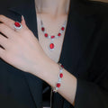 Copper Zircon Red Gemstone Flower Ring Bracelet Necklace Jewelry Set For Women French Style view 1
