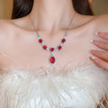 Copper Zircon Red Gemstone Flower Ring Bracelet Necklace Jewelry Set For Women French Style view 3