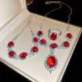Copper Zircon Red Gemstone Flower Ring Bracelet Necklace Jewelry Set For Women French Style view 2