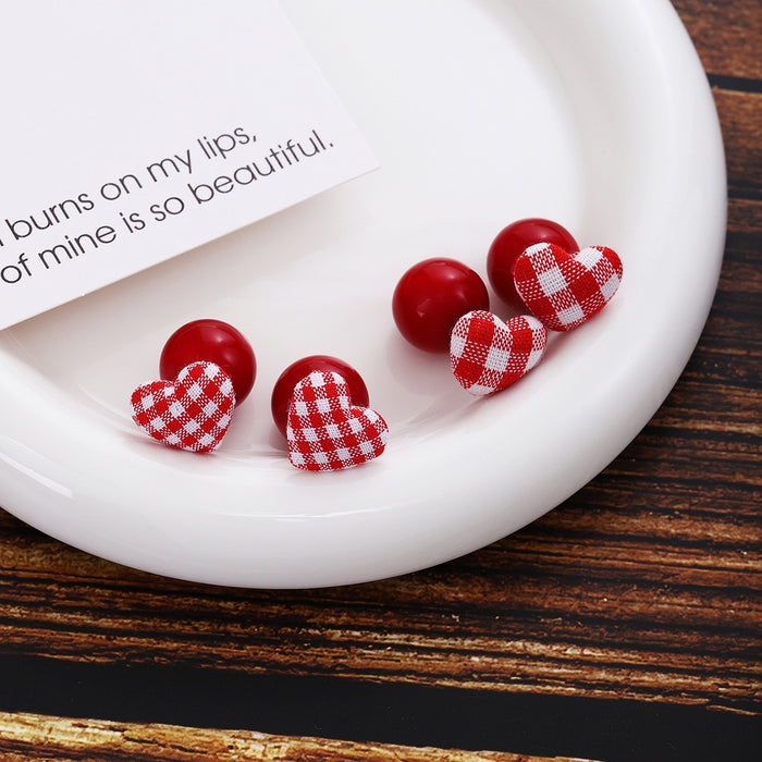 Vintage Red White Gingham Fabric Heart Ball Stud Alloy Front Back Wear Elegant Fashion Earrings