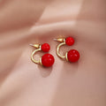Vintage French Two Way Cherry Red Acrylic Bead Gold Alloy Hoop Studs Light Luxury Women's Earrings view 2
