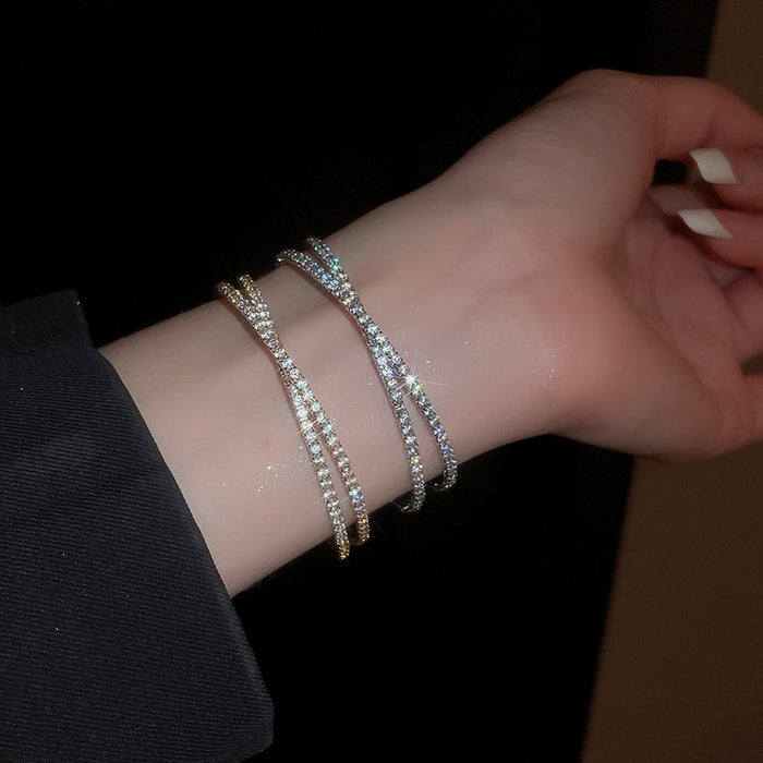 French Minimalist Pave Zircon Cross Open Copper Bangle With Circle Detail