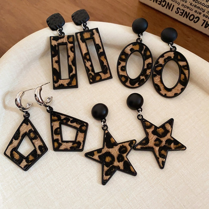 Faux Leather Leopard Print Geometric Stud Earrings For Women Maillard Office Fashion Jewelry