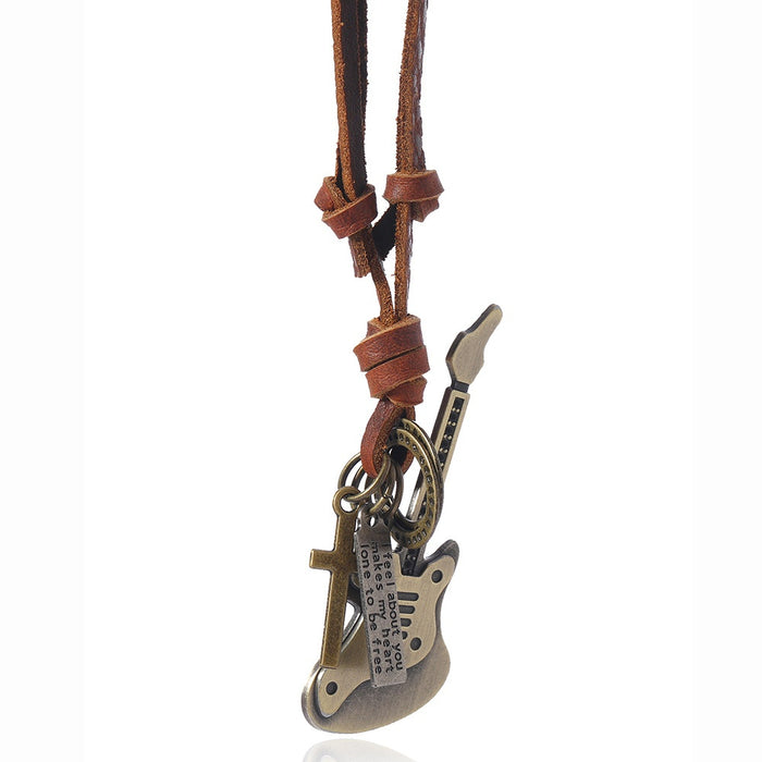 Unisex Vintage Guitar Pendant Cowhide Leather Necklace For Fashion Apparel Accessories