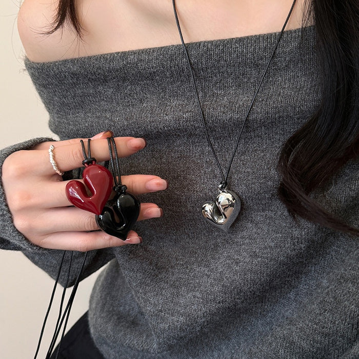 Sweet Cool Acrylic Heart Sweater Necklace For Women Adjustable Black Cord Choker Pendant
