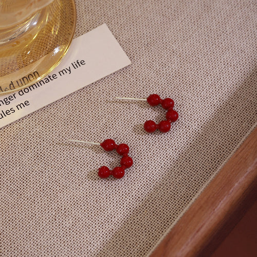 Elegant Red Enamel Curved Ball C Hoop Stud Earrings For Women, Minimalist Alloy Silver Needle Earrings