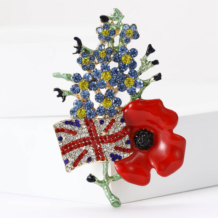 Alloy Rhinestone Flag Poppy Flower Brooch Pin For Unisex Apparel