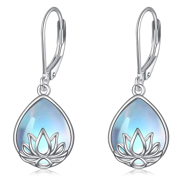 Lotus Water Drop Faux Moonstone Drop Earrings For Women, Fresh Pastoral Daily Wear Jewelry