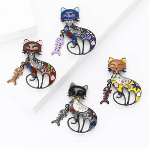 Metal Alloy Enamel Cat Fishbone Brooch Pin For Suit And Sweater