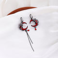 Vintage Dark Red Enamel Crescent Moon Asymmetric Alloy Rhinestone Tassel Huggie Hoop Earrings view 2