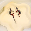 Vintage Dark Red Enamel Crescent Moon Asymmetric Alloy Rhinestone Tassel Huggie Hoop Earrings view 3