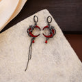 Vintage Dark Red Enamel Crescent Moon Asymmetric Alloy Rhinestone Tassel Huggie Hoop Earrings view 4