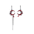 Vintage Dark Red Enamel Crescent Moon Asymmetric Alloy Rhinestone Tassel Huggie Hoop Earrings view 5