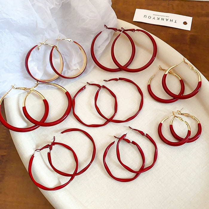 Red Round Iron Hoop Earrings For Women With Silver Pins, Bold Geometric Statement Style