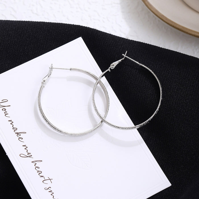 Elegant Korean Style Textured Silver Alloy Round Hoop Ear Buckles For Women Light Luxury Face Slimming Earrings