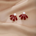 Vintage Luxury Red Enamel Flower Petal Pearl Studs Copper Alloy Silver Needle Elegant Women's Earrings view 3