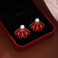 Vintage Luxury Red Enamel Flower Petal Pearl Studs Copper Alloy Silver Needle Elegant Women's Earrings view 1