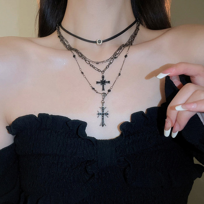 Dark Gothic Punk Alloy Rhinestone Cross Pendant Collarbone Necklace
